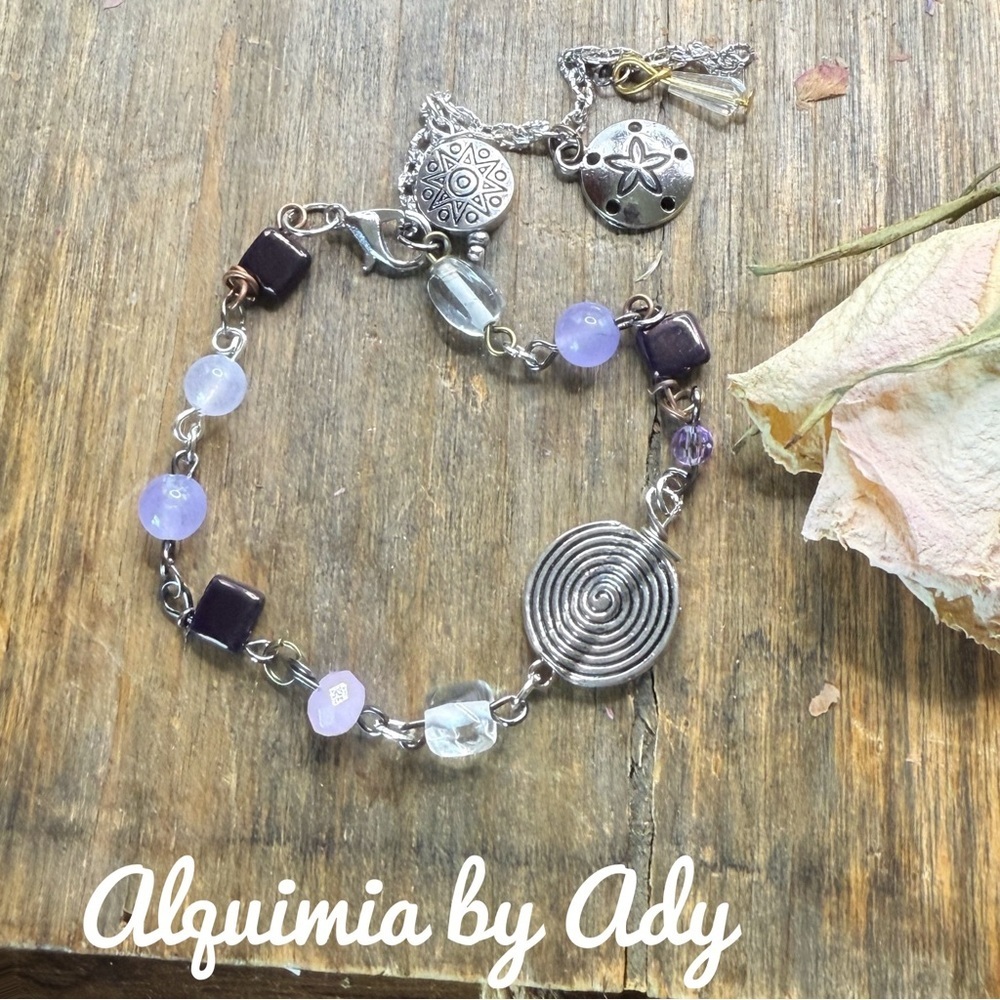 Silver charms beaded boho purple jade bracelet